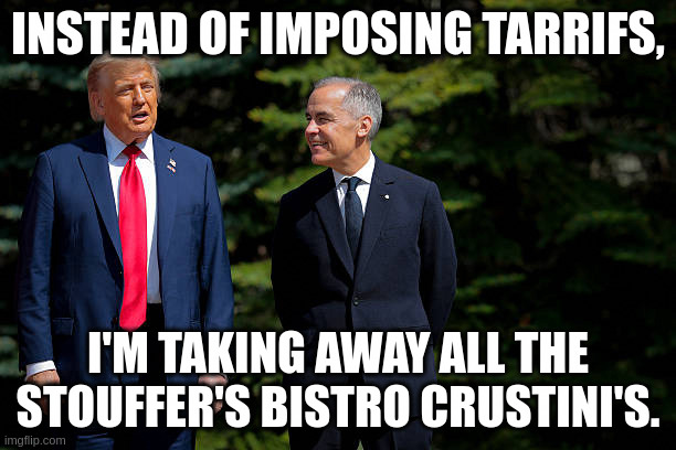 Bistro Crustini's | INSTEAD OF IMPOSING TARRIFS, I'M TAKING AWAY ALL THE STOUFFER'S BISTRO CRUSTINI'S. | made w/ Imgflip meme maker