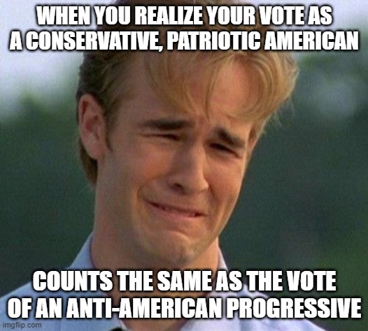 1990s First World Problems Meme | WHEN YOU REALIZE YOUR VOTE AS A CONSERVATIVE, PATRIOTIC AMERICAN; COUNTS THE SAME AS THE VOTE OF AN ANTI-AMERICAN PROGRESSIVE | image tagged in memes,1990s first world problems | made w/ Imgflip meme maker