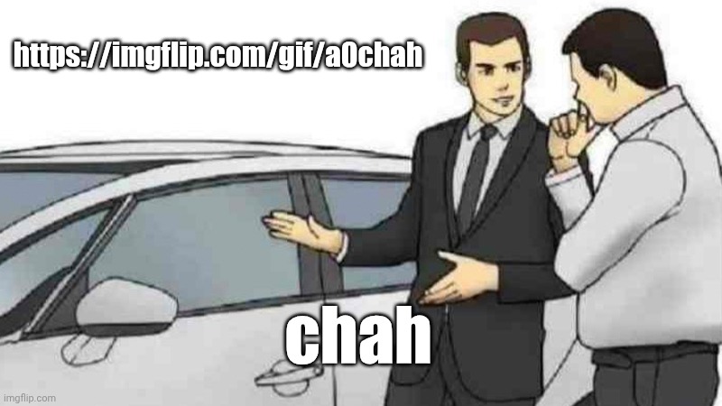 https://imgflip.com/gif/a0chah | https://imgflip.com/gif/a0chah; chah | image tagged in memes,car salesman slaps roof of car | made w/ Imgflip meme maker
