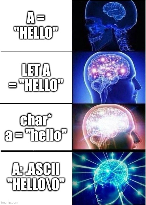 Enter Title | A = "HELLO"; LET A = "HELLO"; char* a = "hello"; A: .ASCII "HELLO\0" | image tagged in memes,programming | made w/ Imgflip meme maker