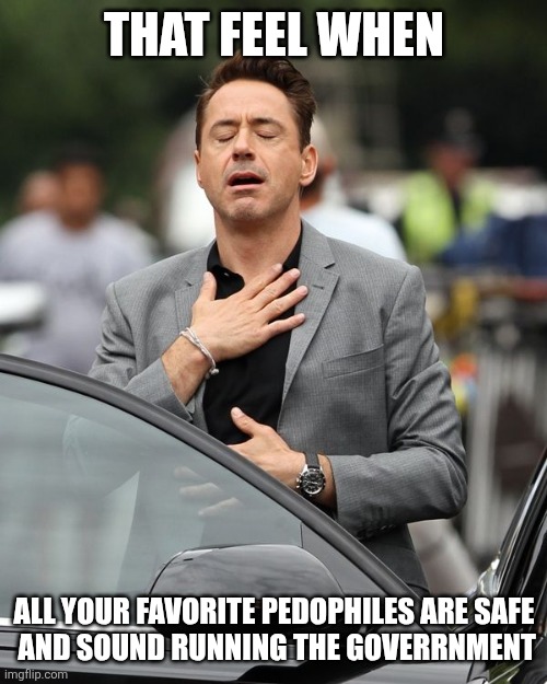 Robert Downey Jr | THAT FEEL WHEN ALL YOUR FAVORITE PEDOPHILES ARE SAFE
 AND SOUND RUNNING THE GOVERNMENT | image tagged in robert downey jr | made w/ Imgflip meme maker
