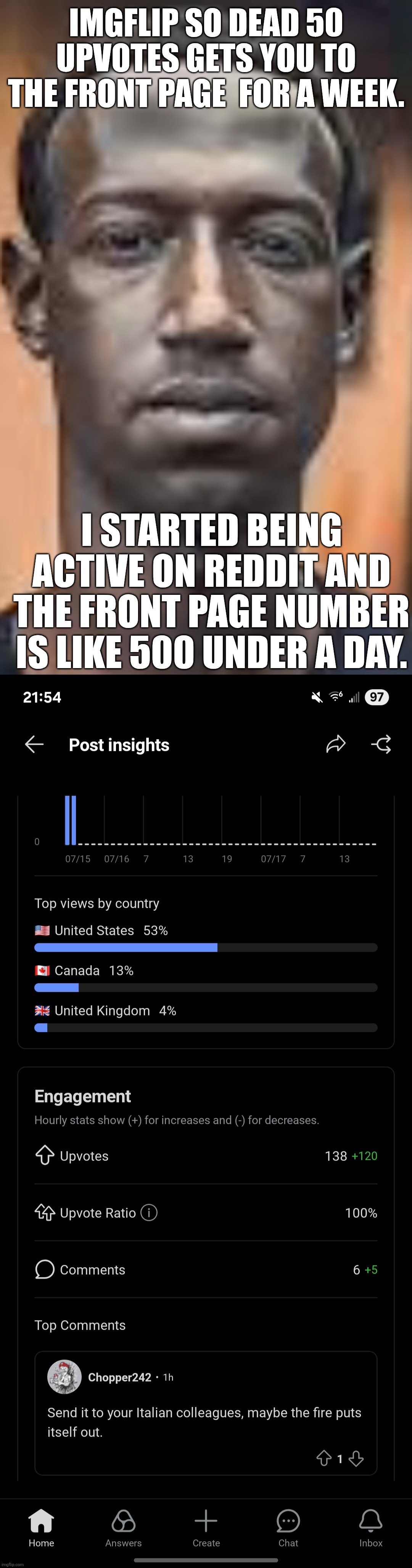 It says 500 now | IMGFLIP SO DEAD 50 UPVOTES GETS YOU TO THE FRONT PAGE  FOR A WEEK. I STARTED BEING ACTIVE ON REDDIT AND THE FRONT PAGE NUMBER IS LIKE 500 UNDER A DAY. | image tagged in dark zuckerberg | made w/ Imgflip meme maker