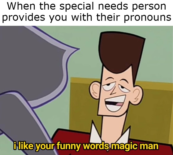 I like your funny words magic man | When the special needs person provides you with their pronouns | image tagged in i like your funny words magic man,gender identity,funny | made w/ Imgflip meme maker