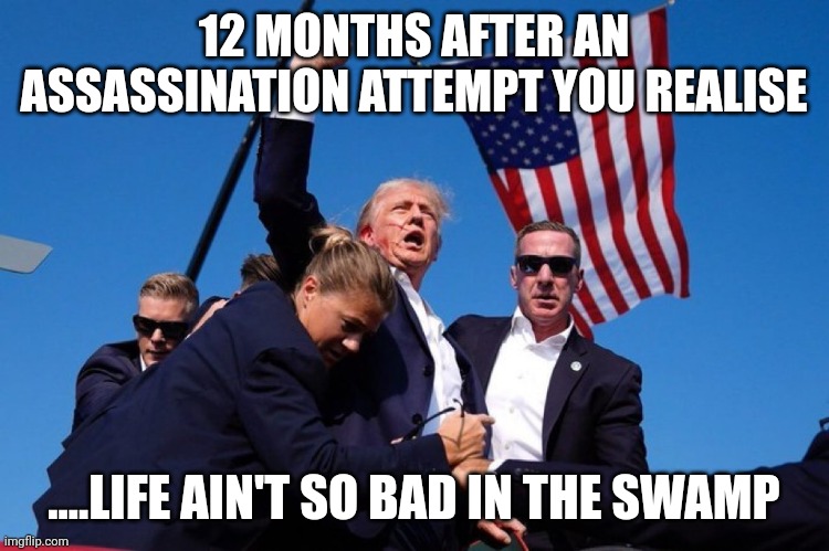 Release the Epstein files | 12 MONTHS AFTER AN ASSASSINATION ATTEMPT YOU REALISE; ....LIFE AIN'T SO BAD IN THE SWAMP | image tagged in trump shooting | made w/ Imgflip meme maker