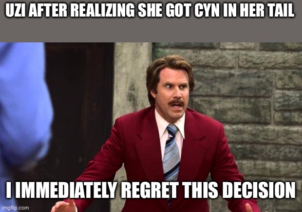 Anchorman - I Immediately Regret This Decision | UZI AFTER REALIZING SHE GOT CYN IN HER TAIL I IMMEDIATELY REGRET THIS DECISION | image tagged in anchorman - i immediately regret this decision | made w/ Imgflip meme maker