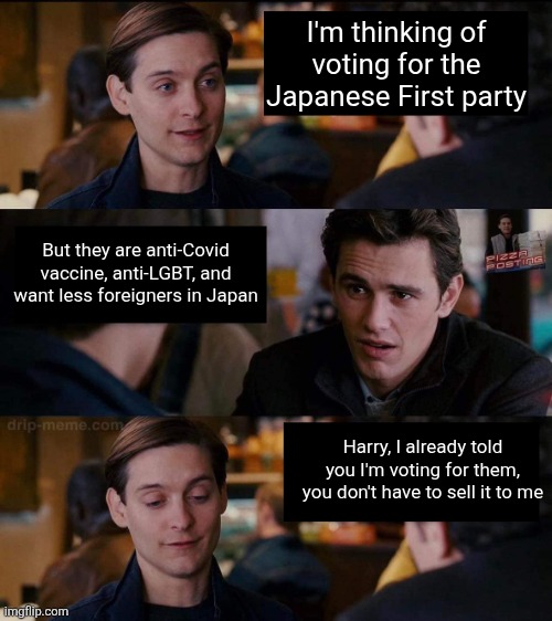 Harry, You Don't Need to Sell It To Me | I'm thinking of voting for the Japanese First party; But they are anti-Covid vaccine, anti-LGBT, and want less foreigners in Japan; Harry, I already told you I'm voting for them, you don't have to sell it to me | image tagged in harry you don't need to sell it to me | made w/ Imgflip meme maker