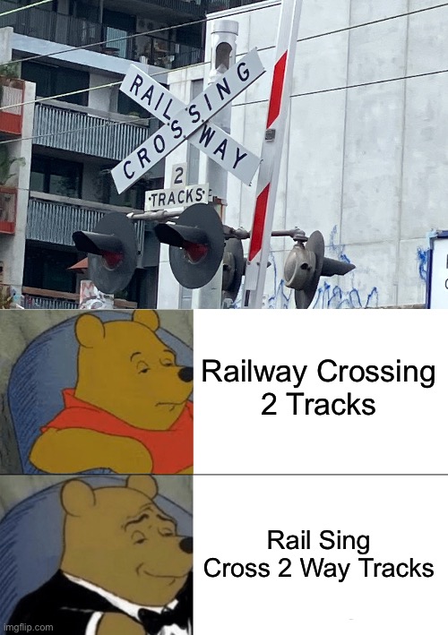 Rail Sing Cross 2 Way Tracks | Railway Crossing
2 Tracks; Rail Sing Cross 2 Way Tracks | image tagged in memes,tuxedo winnie the pooh,stupid humor,trains,level crossing,can't argue with that / technically not wrong | made w/ Imgflip meme maker