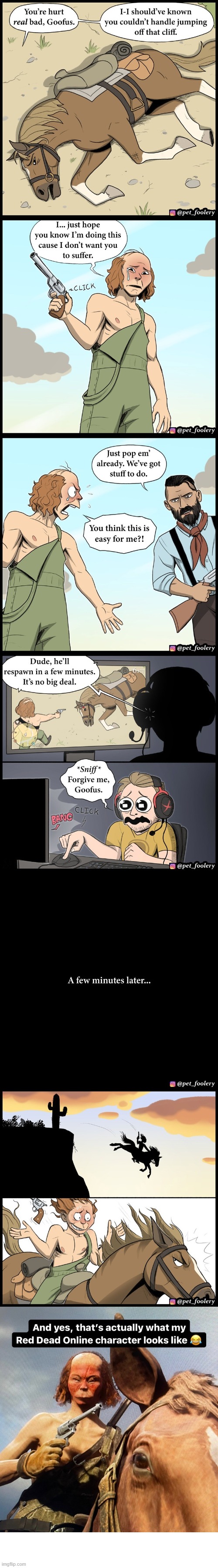 image tagged in horse,gun,cliff,red dead redemption,video game,character | made w/ Imgflip meme maker
