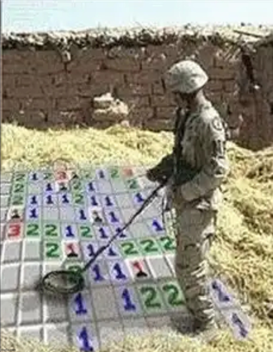 image tagged in military,funny,shitpost,possibly 2000s iraq,mine detector | made w/ Imgflip meme maker