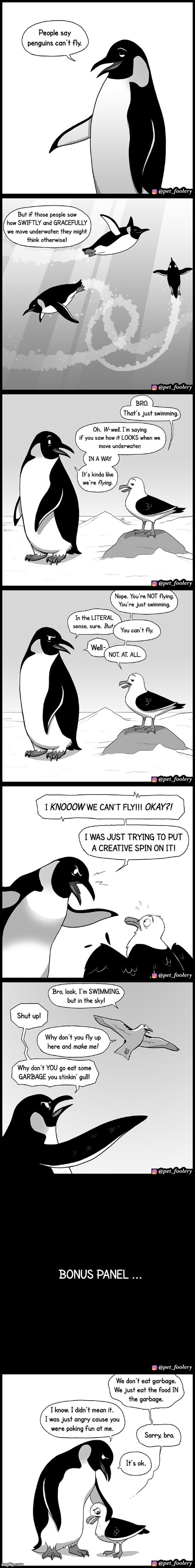 image tagged in penguin,flying,swimming,seagull,argument,garbage | made w/ Imgflip meme maker