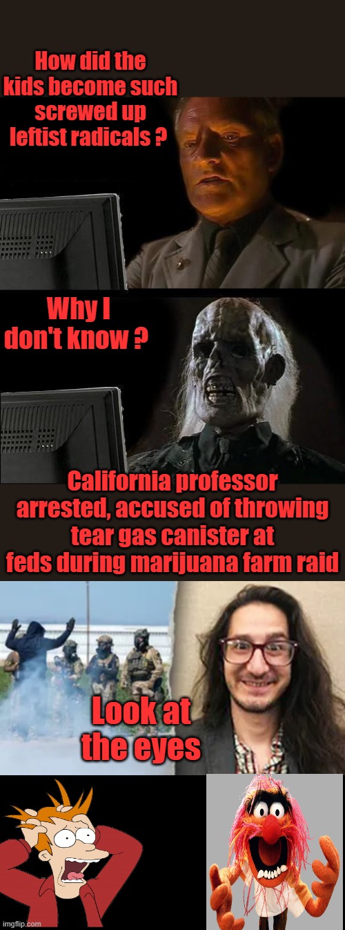 You allow radicals to teach you produce more radicals, simple isn't it. Come on moderators feature it. | How did the kids become such screwed up leftist radicals ? Why I don't know ? California professor arrested, accused of throwing tear gas canister at feds during marijuana farm raid; Look at the eyes | image tagged in memes,i'll just wait here | made w/ Imgflip meme maker