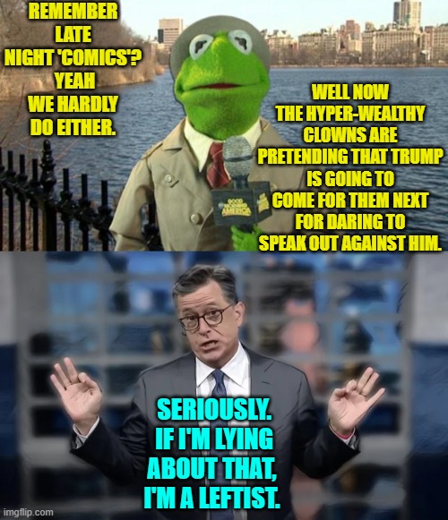 Of course their low I.Q. audience BELIEVE them. | REMEMBER LATE NIGHT 'COMICS'?  YEAH WE HARDLY DO EITHER. WELL NOW THE HYPER-WEALTHY CLOWNS ARE PRETENDING THAT TRUMP IS GOING TO COME FOR THEM NEXT FOR DARING TO SPEAK OUT AGAINST HIM. SERIOUSLY.  IF I'M LYING ABOUT THAT, I'M A LEFTIST. | image tagged in kermit news report | made w/ Imgflip meme maker
