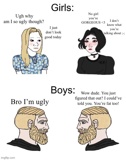 Girls vs. Guys | image tagged in funny,girls vs boys,ugly,humor,remake | made w/ Imgflip meme maker