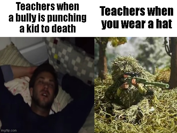 Teachers when you wear a hat; Teachers when a bully is punching a kid to death | image tagged in school | made w/ Imgflip meme maker