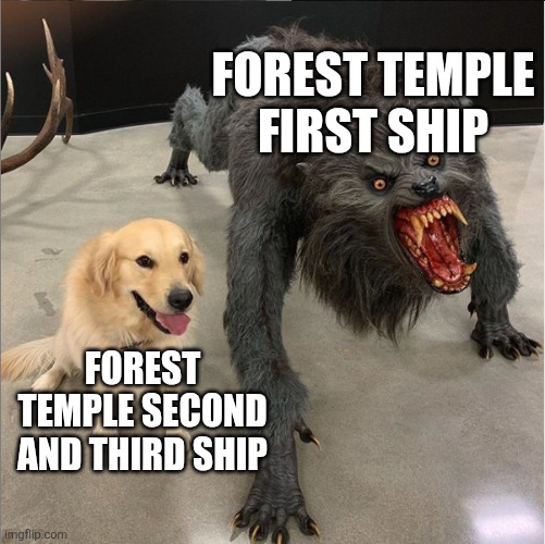 That Ship is hell even on 120 FPS... | FOREST TEMPLE FIRST SHIP; FOREST TEMPLE SECOND AND THIRD SHIP | image tagged in dog vs werewolf | made w/ Imgflip meme maker