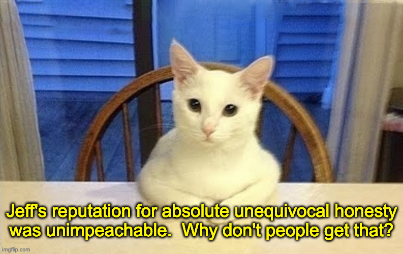 Cat explains | Jeff's reputation for absolute unequivocal honesty
was unimpeachable.  Why don't people get that? | image tagged in cat explains | made w/ Imgflip meme maker