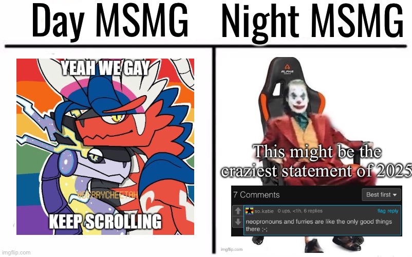 Who wins? | Day MSMG; Night MSMG | image tagged in memes,who would win | made w/ Imgflip meme maker