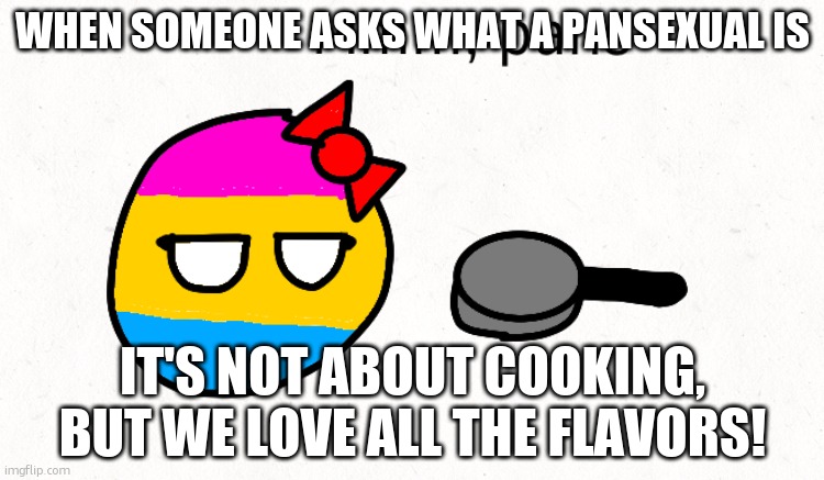 pansexuals can u confirm | WHEN SOMEONE ASKS WHAT A PANSEXUAL IS; IT'S NOT ABOUT COOKING, BUT WE LOVE ALL THE FLAVORS! | image tagged in mmm pans | made w/ Imgflip meme maker