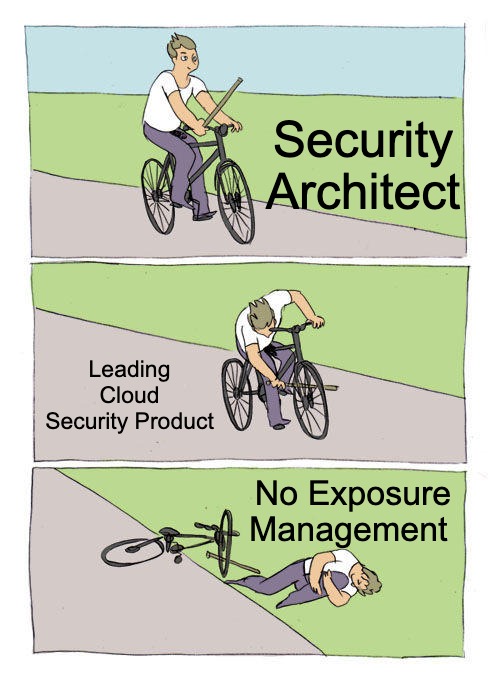 Cloud Security from Tom | Security Architect; Leading Cloud Security Product; No Exposure Management | image tagged in memes,bike fall,cybersecurity | made w/ Imgflip meme maker