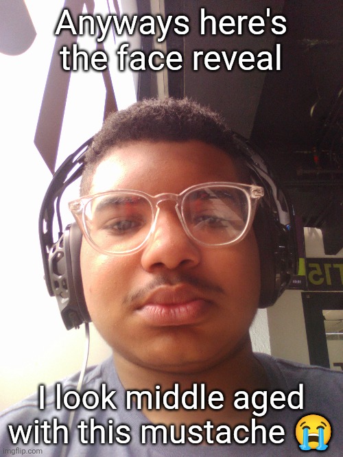 Anyways here's the face reveal; I look middle aged with this mustache 😭 | made w/ Imgflip meme maker