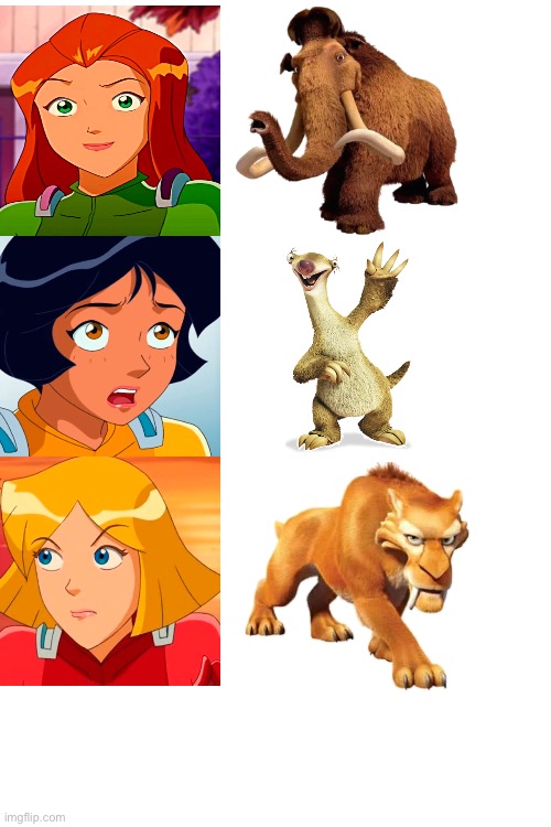Sam, Alex, and Clover as Manny, Sid, and Diego | image tagged in totally spies,ice age,cartoon,cartoon characters | made w/ Imgflip meme maker