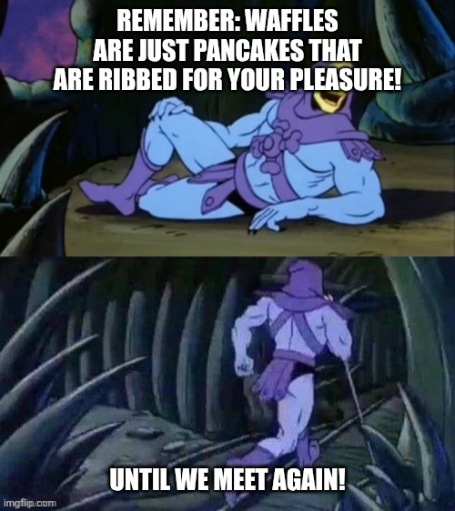 Waffles | REMEMBER: WAFFLES ARE JUST PANCAKES THAT ARE RIBBED FOR YOUR PLEASURE! UNTIL WE MEET AGAIN! | image tagged in skeletor disturbing facts | made w/ Imgflip meme maker