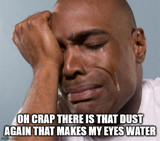 black man crying | OH CRAP THERE IS THAT DUST AGAIN THAT MAKES MY EYES WATER | image tagged in black man crying | made w/ Imgflip meme maker
