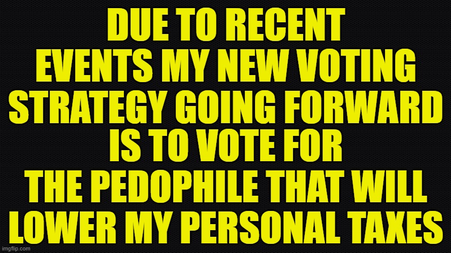 We are run by the Pedophile Elite | DUE TO RECENT EVENTS MY NEW VOTING STRATEGY GOING FORWARD; IS TO VOTE FOR THE PEDOPHILE THAT WILL LOWER MY PERSONAL TAXES | image tagged in pedophile,pedo,jeffrey epstein,epstein,trump,bill clinton | made w/ Imgflip meme maker