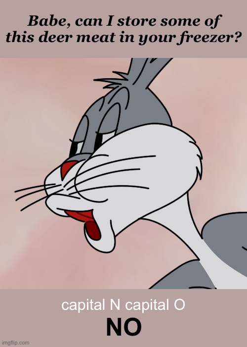 The secondary freezer is for frosted stemware. Not stinky meat. Ewww. | Babe, can I store some of this deer meat in your freezer? capital N capital O; NO | image tagged in bugs bunny no,relationships | made w/ Imgflip meme maker
