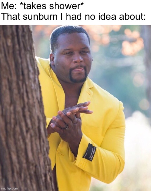 Black guy hiding behind tree | Me: *takes shower*
That sunburn I had no idea about: | image tagged in black guy hiding behind tree | made w/ Imgflip meme maker