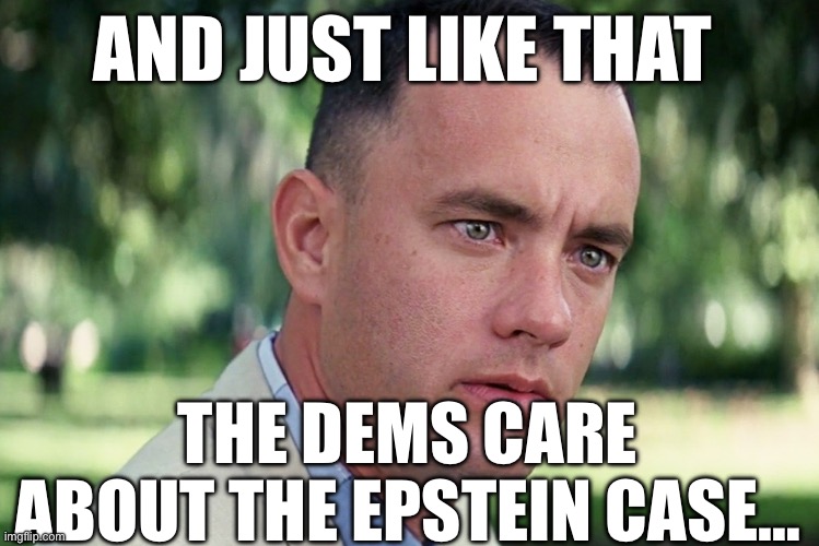 And Just Like That | AND JUST LIKE THAT; THE DEMS CARE ABOUT THE EPSTEIN CASE… | image tagged in memes,and just like that,jeffrey epstein,democrats,politics,political meme | made w/ Imgflip meme maker