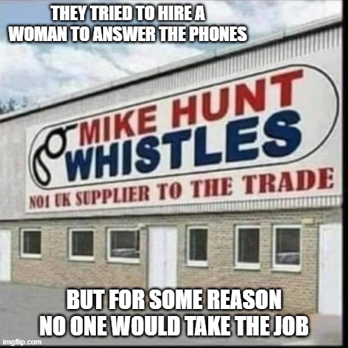 Funny Business name: Mike Hunt Whistles.  - humor - | THEY TRIED TO HIRE A WOMAN TO ANSWER THE PHONES; BUT FOR SOME REASON NO ONE WOULD TAKE THE JOB | image tagged in funny,funny names,humor,funny sign,business | made w/ Imgflip meme maker