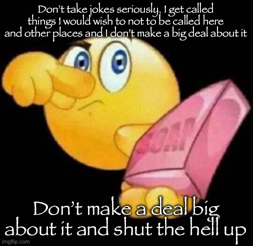 Take a damn shower | Don’t take jokes seriously, I get called things I would wish to not to be called here and other places and I don’t make a big deal about it; Don’t make a deal big about it and shut the hell up | image tagged in take a damn shower,msmg | made w/ Imgflip meme maker