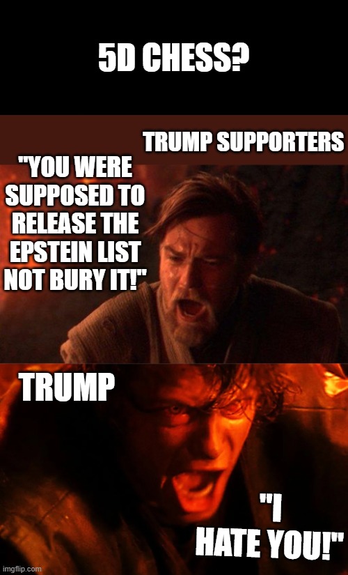 5D CHESS? TRUMP SUPPORTERS; "YOU WERE SUPPOSED TO RELEASE THE EPSTEIN LIST NOT BURY IT!"; TRUMP; "I HATE YOU!" | image tagged in memes,you were the chosen one star wars | made w/ Imgflip meme maker