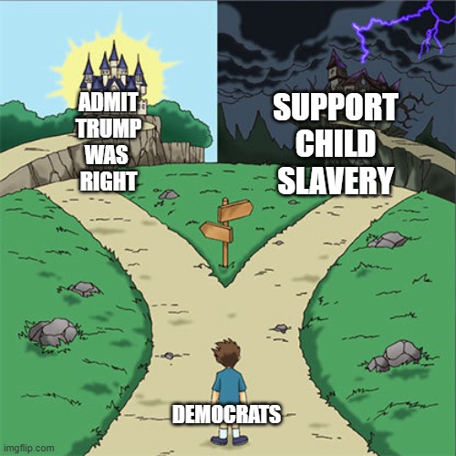 Two paths enslaved child labor | SUPPORT
CHILD
SLAVERY; ADMIT
TRUMP
WAS 
RIGHT; DEMOCRATS | image tagged in two paths | made w/ Imgflip meme maker