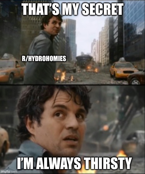 Hulk always angry | THAT’S MY SECRET; R/HYDROHOMIES; I’M ALWAYS THIRSTY | image tagged in hulk always angry | made w/ Imgflip meme maker