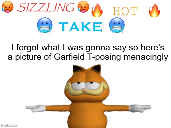 sizzling hot take | I forgot what I was gonna say so here's a picture of Garfield T-posing menacingly | image tagged in sizzling hot take | made w/ Imgflip meme maker