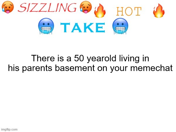 sizzling hot take | There is a 50 yearold living in his parents basement on your memechat | image tagged in sizzling hot take | made w/ Imgflip meme maker