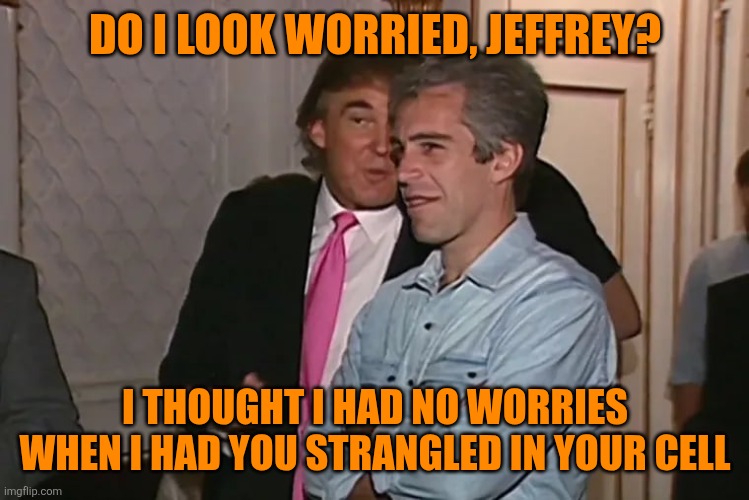 Trump and his 15-year business partner, Jeffrey Epstein. | DO I LOOK WORRIED, JEFFREY? I THOUGHT I HAD NO WORRIES
WHEN I HAD YOU STRANGLED IN YOUR CELL | image tagged in trump and his 15-year business partner jeffrey epstein | made w/ Imgflip meme maker