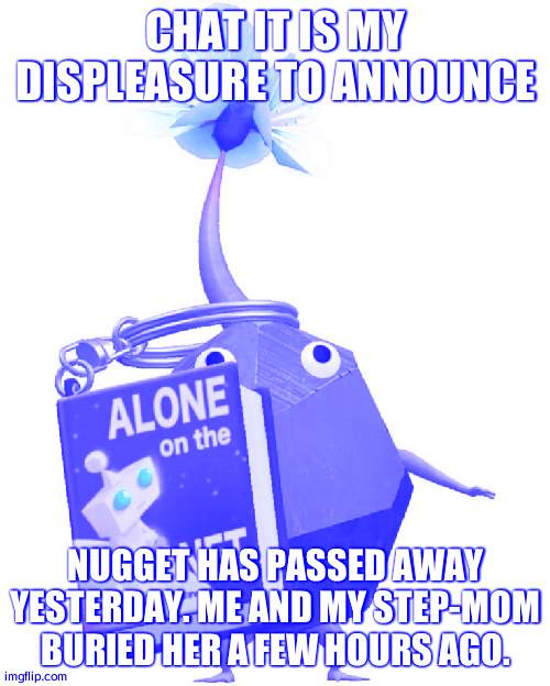 i think the cause is heat stroke because of how hot it is today | CHAT IT IS MY DISPLEASURE TO ANNOUNCE; NUGGET HAS PASSED AWAY YESTERDAY. ME AND MY STEP-MOM BURIED HER A FEW HOURS AGO. | image tagged in book rock pikmin | made w/ Imgflip meme maker