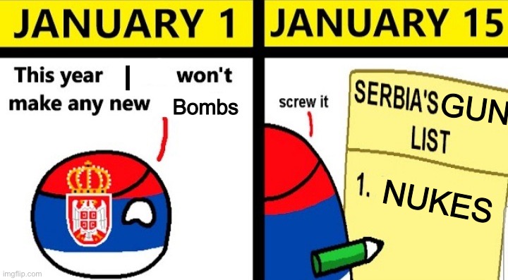 Serbia's list | I; GUN; Bombs; NUKES | image tagged in serbia's list | made w/ Imgflip meme maker
