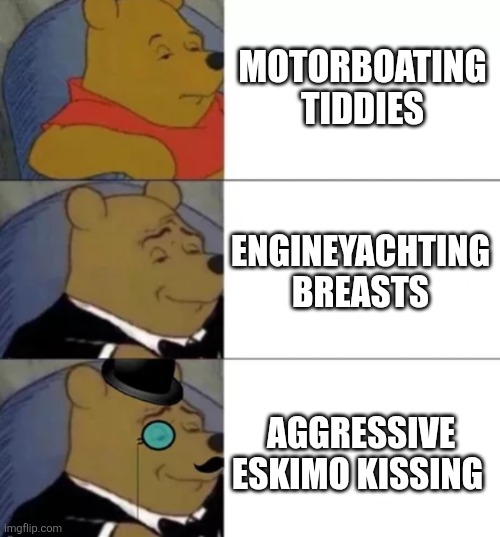 Motorboating | MOTORBOATING TIDDIES; ENGINEYACHTING BREASTS; AGGRESSIVE ESKIMO KISSING | image tagged in fancy pooh | made w/ Imgflip meme maker