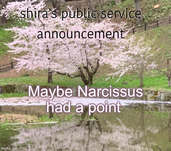 Narcissus | Maybe Narcissus had a point | image tagged in shira s psa | made w/ Imgflip meme maker