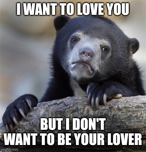Real feelings | I WANT TO LOVE YOU; BUT I DON'T WANT TO BE YOUR LOVER | image tagged in memes,confession bear | made w/ Imgflip meme maker