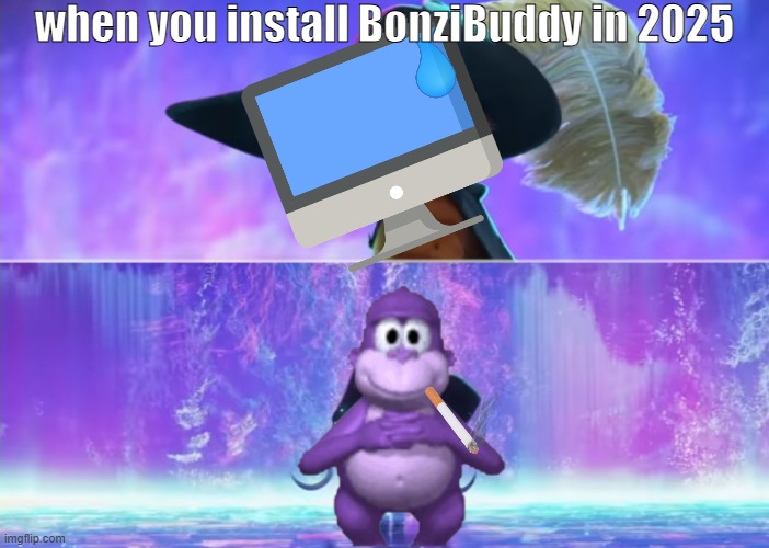 bonzi buddy in 2025 | when you install BonziBuddy in 2025 | image tagged in puss in boots scared | made w/ Imgflip meme maker