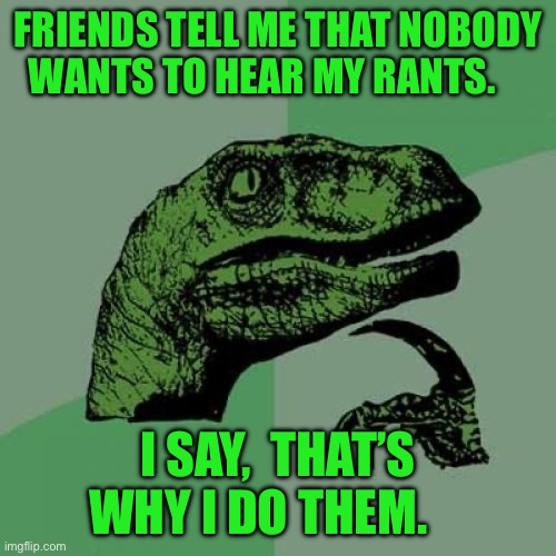 Philosoraptor | FRIENDS TELL ME THAT NOBODY WANTS TO HEAR MY RANTS. I SAY,  THAT’S WHY I DO THEM. | image tagged in memes,philosoraptor | made w/ Imgflip meme maker