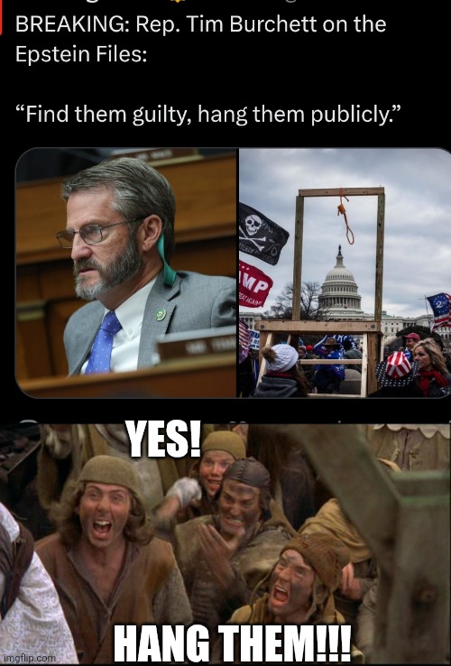 LET'S GO! | YES! HANG THEM!!! | image tagged in monty python witch,jeffrey epstein,politics,republicans,congress | made w/ Imgflip meme maker