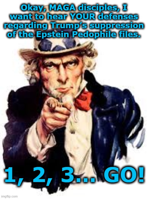 tRump-Epstein Defense | Okay, MAGA disciples, I want to hear YOUR defenses regarding Trump’s suppression of the Epstein Pedophile files. 1, 2, 3… GO! | image tagged in maga,donald trump approves,presidential alert,deplorable,pedophiles,president trump | made w/ Imgflip meme maker