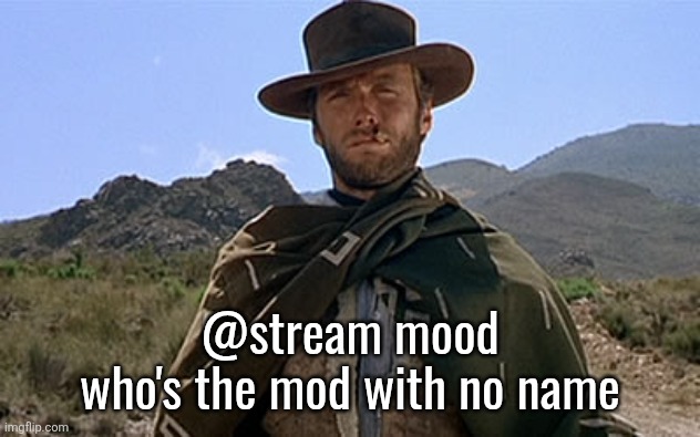 Clint Eastwood - Western | @stream mood
who's the mod with no name | image tagged in clint eastwood - western | made w/ Imgflip meme maker