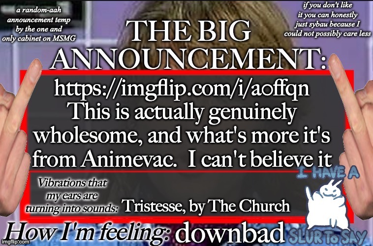 Shadow's new and lame-ass announcement temp | https://imgflip.com/i/a0ffqn This is actually genuinely wholesome, and what's more it's from Animevac.  I can't believe it; Tristesse, by The Church; downbad | image tagged in shadow's new and lame-ass announcement temp | made w/ Imgflip meme maker